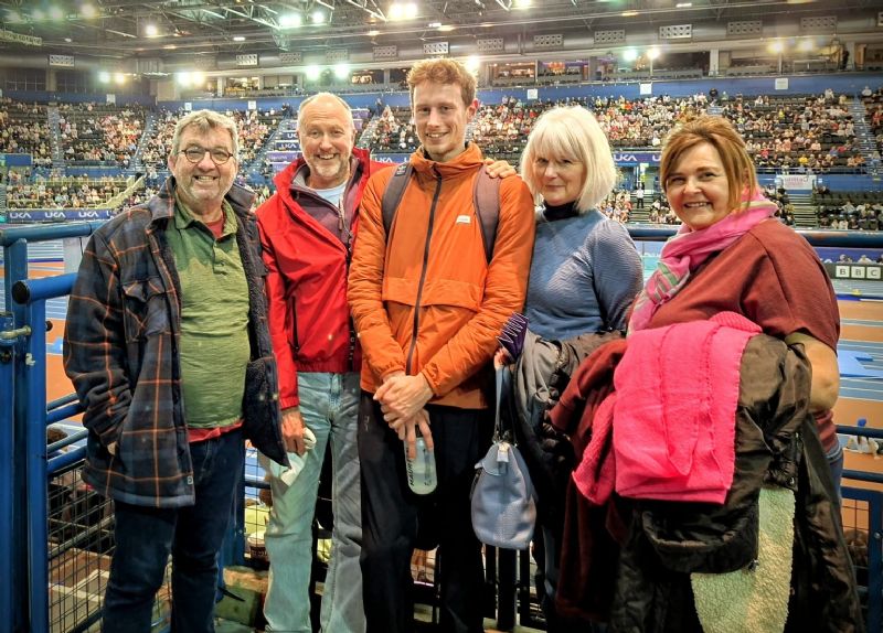 Jacob Cann, centre, in Birmingham with dad Neil, second from left, and mum Diane, second from right, and family friends John and Aileen Jones