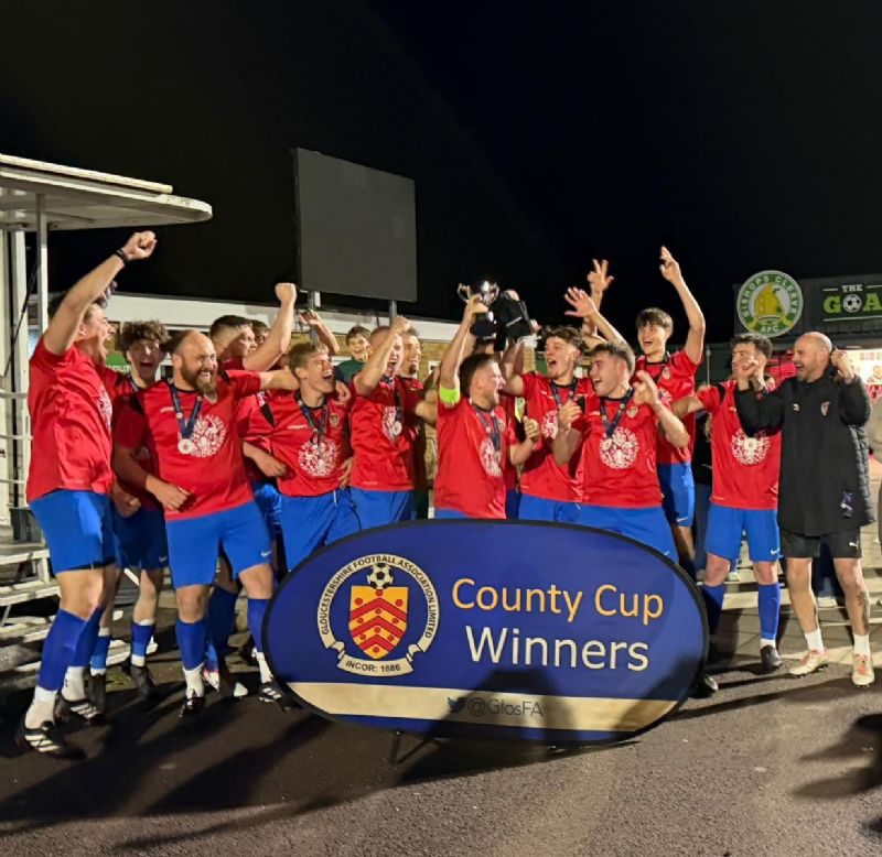 Rodborough Old Boys celebrate their GFA Intermediate Cup North win at Kayte Lane last night