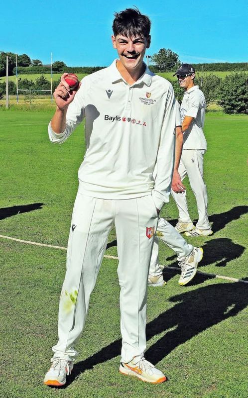 Kingsholm’s Luke Bond with the match ball after taking all 10 wickets against Westbury-on-Severn