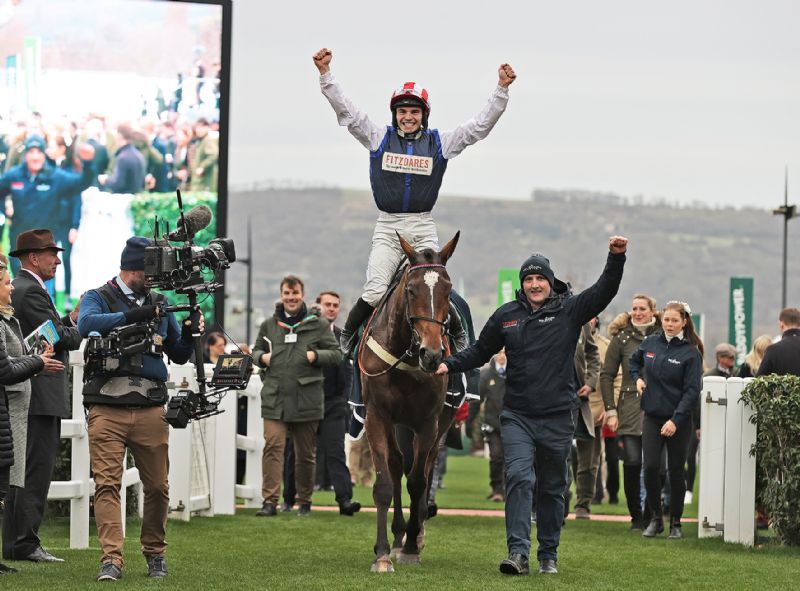 Ben Jones celebrates victory on Shakem Up’arry at the Cheltenham Festival