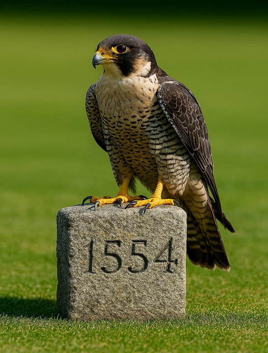A falcon sitting on the stone that shows when Painswick Falcon Bowling Club were formed