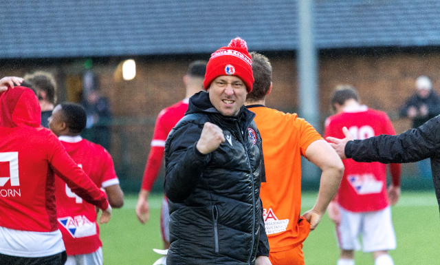 Sam Collier celebrates after Fairford Town’s 4-0 win at Roman Glass St George. Picture: Peter Kinsella