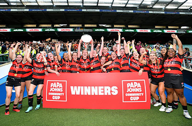 Cheltenham Tigers Women celebrate their win over Thurrock Ladies at Twickenham last year