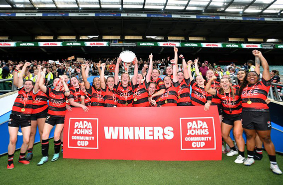 Cheltenham Tigers Women celebrate their win over Thurrock Ladies at Twickenham in 2024