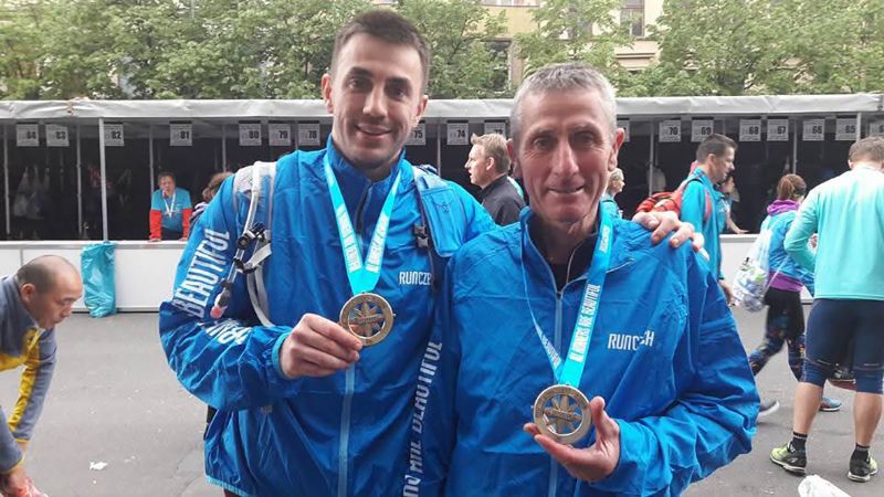 Kev Goodwill with his dad Tony after running the Prague Marathon in 2016