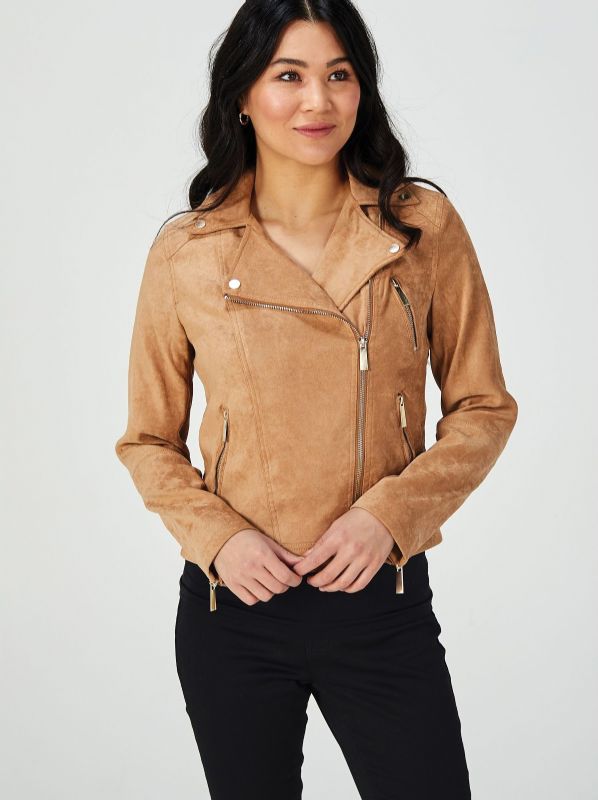 Woman in Ruth Langsford QVC faux leather biker jacket