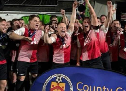 Shurdington Rovers celebrate their GFA Minor Cup North win at Kayte Lane last night