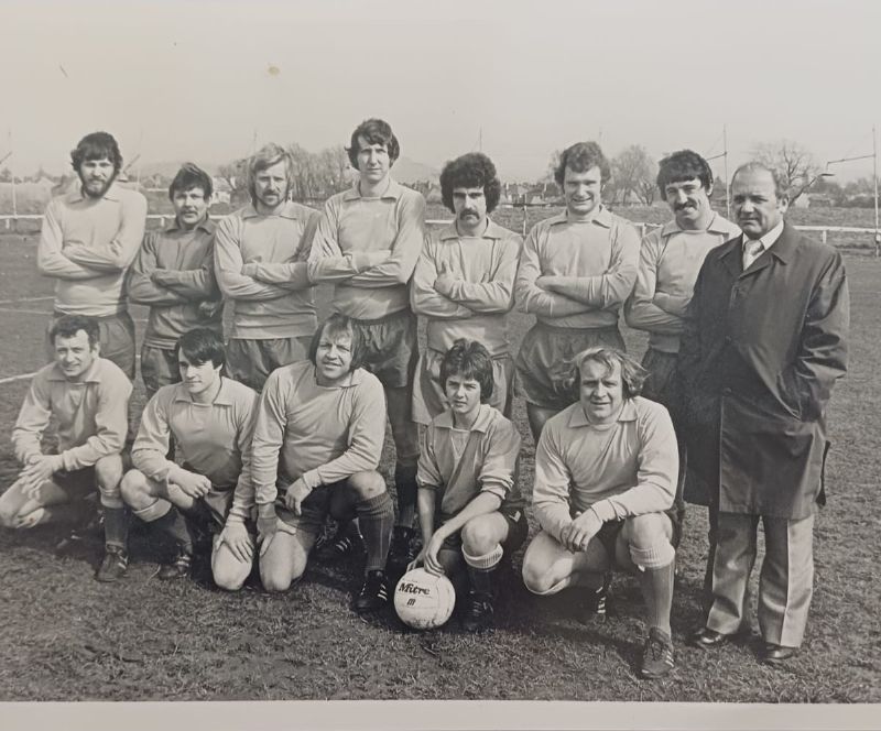 The All Stars charity match team, back row, from left, Ian Swankie, Gordon Grey, Ken Blackburn, Rod Thomas, Keith Mortimore, Nigel Spencer, Pat Casey, Joe Leach (manager). Front row, from left, Monty Turner, Martin Perkins, Ernie Hunt, Wayne Leach, Francis Lee