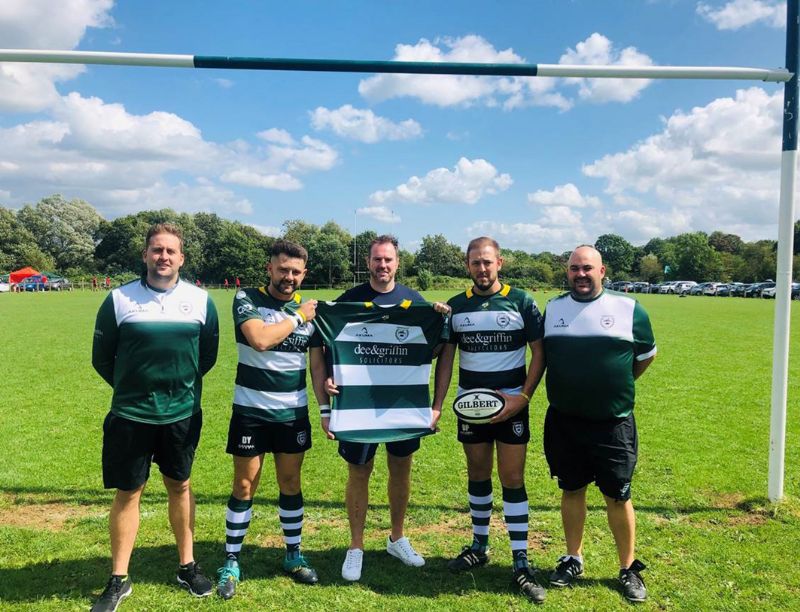 From left, Richard Planchant (Chosen Hill head coach) Dan Yeates (chairman), Dean Barnard (Partner, Dee & Griffin Solicitors, main sponsor), Dan Probin (club captain) and Mark Peacey (forwards coach)
