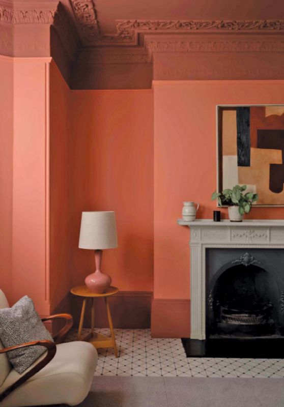 Image: Paint & Paper Library. Ceiling and Cornicing: Kasbah. Wall: Jaipur Pink. Skirting: Kasbah. Fireplace & window surround: Salt III