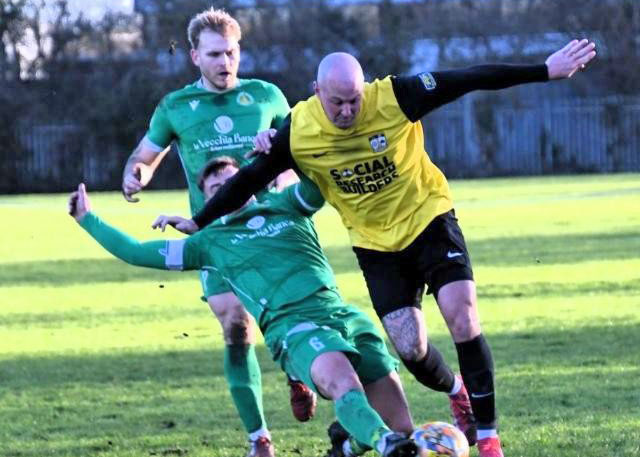 Scott Jordan, who scored two goals against Bishop’s Cleeve Development, on the attack for Tewkesbury. Picture, Peter Langley