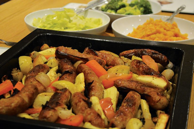 Sausage and apple traybake