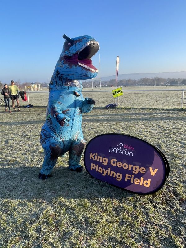 Arnie Delstanche in his inflatable dinosaur costume