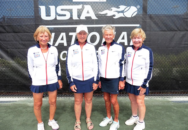 Felicity Thomas, second from left, with her doubles partner Ruth Weston, left, and, second from right, Jackie Boothman (Dorset) and Joan Hassell (Suffolk)