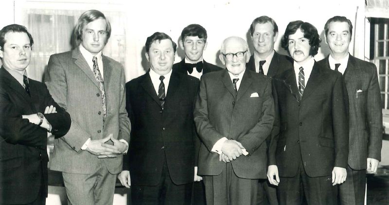 Cheltenham Colts Annual Dinner May 1973. (L to r): H.Attwood (Treasurer), D.Duckham (Speaker), K.Hopkins (Chairman), J.Woodward (Capt.Old Boys),D.Ritchie-Williams (President), W.P.C.Davies (Speaker),R.Yemm (Captain),N.M.Rees (Secretary).