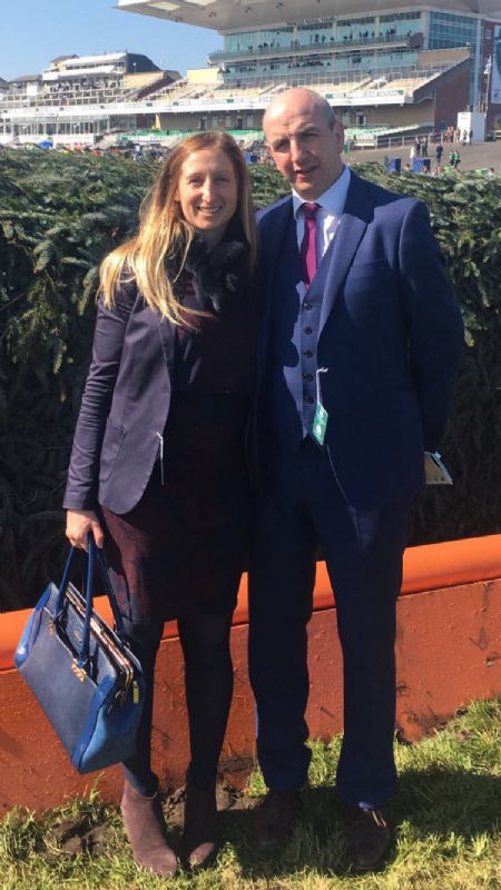 Fergal O’Brien with his partner Sally Randell at Cheltenham Racecourse