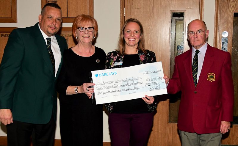 From left, Brickhampton Court Club captain Lee Price, lady captain Jean West, Sue Ryder Leckhampton Court community fundraising manager Kelly Rumble and seniors’ captain Terry Curtis as they presented the cheque at the prize presentation evening
