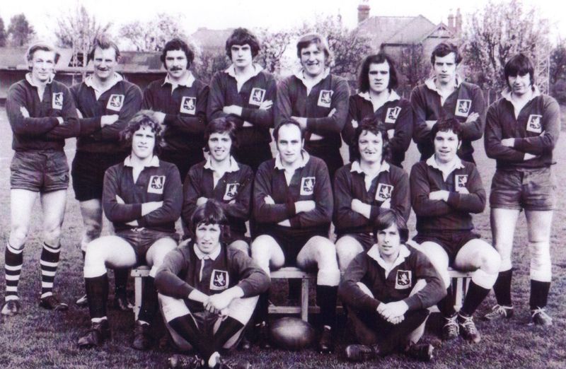 Old Patesians’ cup final-winning team in 1972. Phil (WPC) Davis (outside centre) standing, second from the left