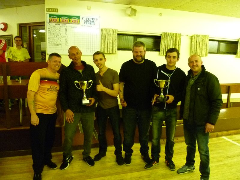 From left, Front Pin Triples winners (Divisions 4-7), Drifters A – Shaun Doyle, Steve Tonks and Dan Baker. Runners-up, Drifters B – Simon Stringer, Ashley Jenkins and Chris Lamb