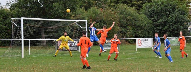 Ruardean Hill Rangers (orange) on the attack during their 2-0 defeat at Frampton United