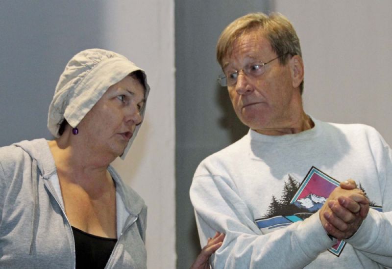 Helen Royall as Mistress Quickly and Jeremy Keck as Sir John Falstaff during rehearsals of SWISH