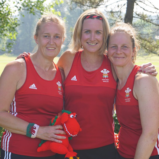 Sara Jane Thompson, left, on Home Nations duty with Wales with Gloucester City duo Emma Done, centre, and Lucy Archer
