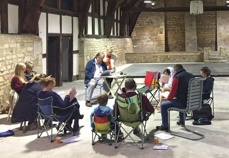 The first read through of act two at the Southam Tithe Barn, who lent the space to the group for rehearsals