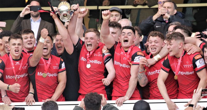 Hartpury celebrate their British Universities and Colleges Sports (BUCS) Super Rugby Championship final win