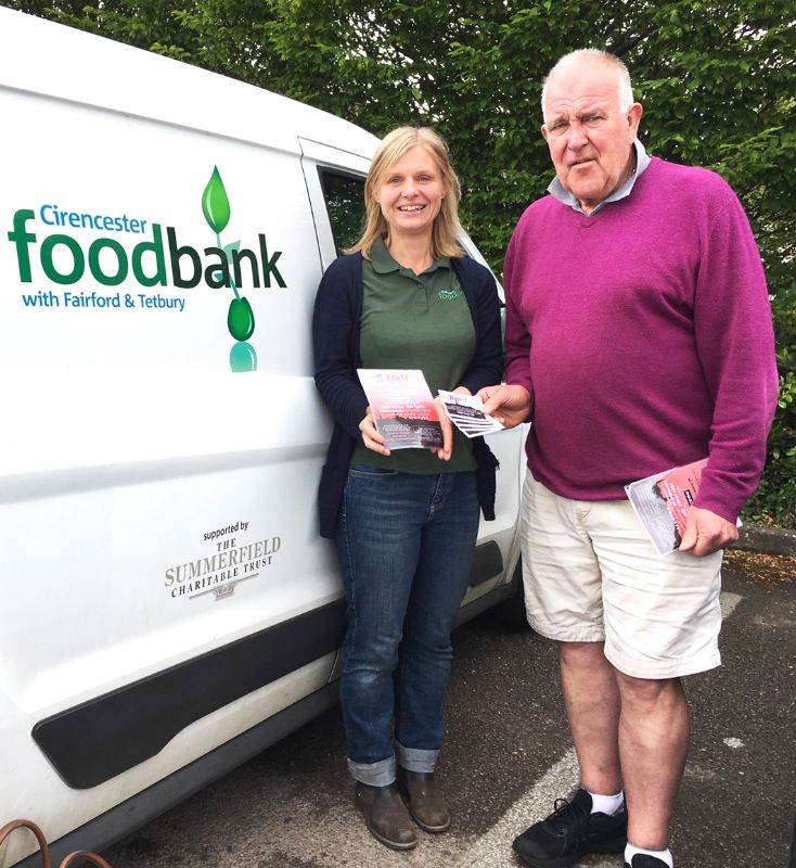 Tetfest organiser Malcolm Philby presents five family tickets to Cirencester Foodbank’s manager Rachel Brindley