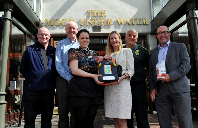 From left to right – PC Steve Kiernan, of Gloucestershire Police, appeal supporter Chris Hickey, Susie Servian, manager at The Moon Under Water, Clare Seed, Tidal Training Direct, Kevin Dickens, South West Ambulance Service and Kevan Blackadder, Cheltenham BID. Picture: Mikal Ludlow Photography.