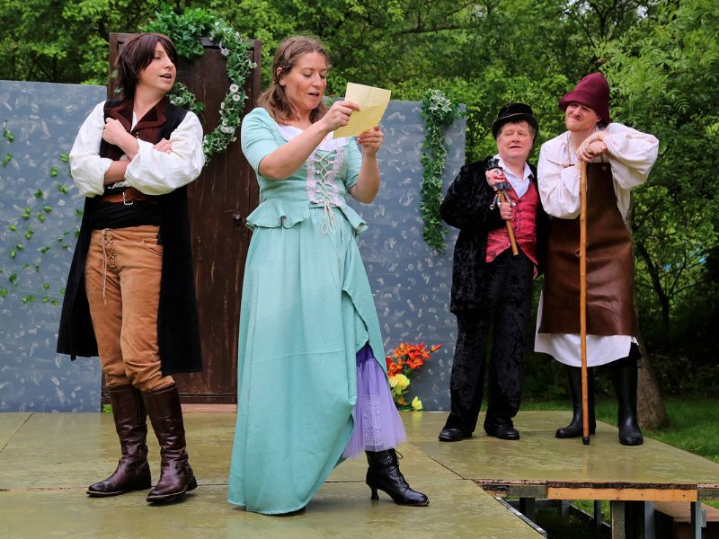From left to right, Rosalind (Pippa Meekings), Celia (Emmeline Braefield), Touchstone (Anthony Young) and Corin (Joseph Burke