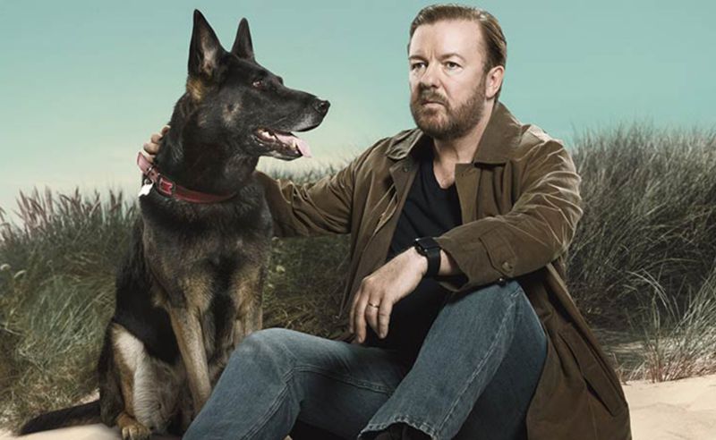 Tony, played by Ricky Gervais, and his dog, Brandy. Photo: Netflix
