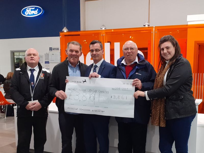 Cheltenham Football League secretary Ian Hamilton, left, with, from left,  Chris Evans, of The Butterfly Garden, Jamie Hughes, of Bristol Street Motors Ford Cheltenham, John Gardner, of Cheltenham Sports for the Disabled, and Beth Davis, of Sue Ryder