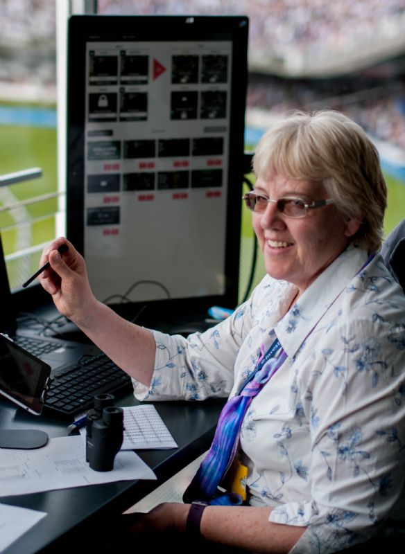 Sue Drinkwater in the scorebox at Lord’s. Picture: Bryan Crotaz, Silver Curve