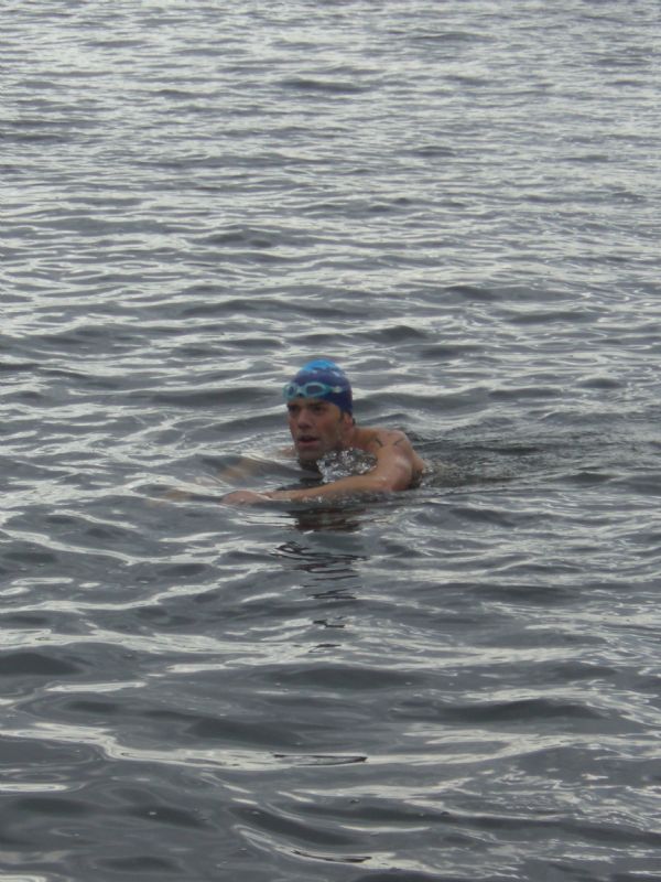 Ollie Wilkinson just after finishing and winning a race in Lyme Regis in 2009