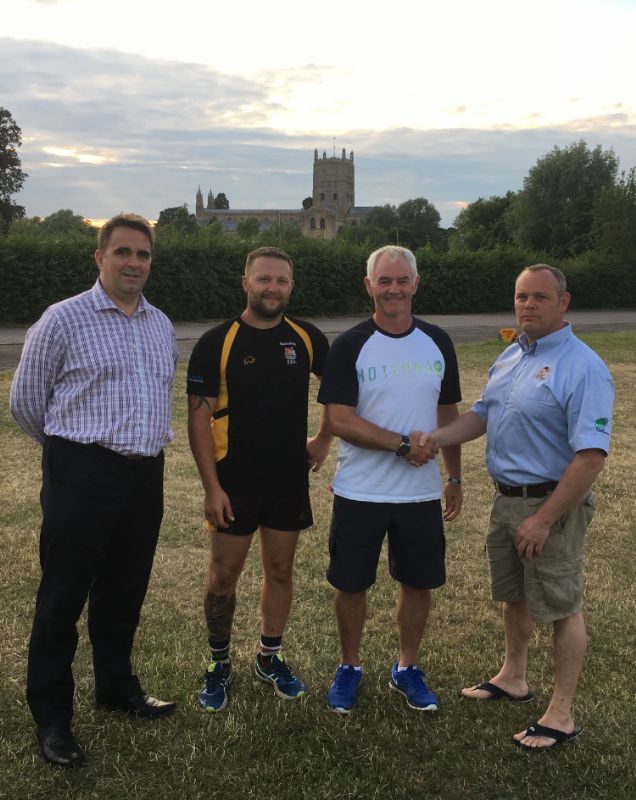 Billy McGinty, second from right, with, from left, assistant coach Martin Thomas, 1st XV captain Joel Bond and director of rugby Nick Smith