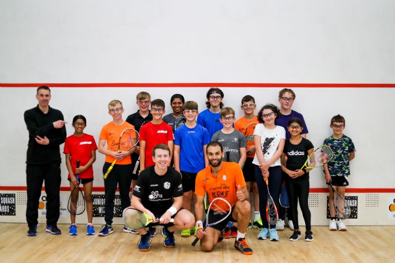 Mohamed Elshorbagy, front right, and Nathan Lake, front left, played an exhibition match at Old Patesians