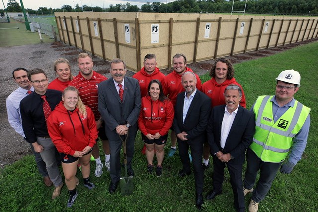 From left, Tom Radcliffe, Ross Moriarty, Russell Marchant, Keith Taylor (MD at F3) and Martyn Angell (F3 account director) with Hartpury students at the breaking ground ceremony