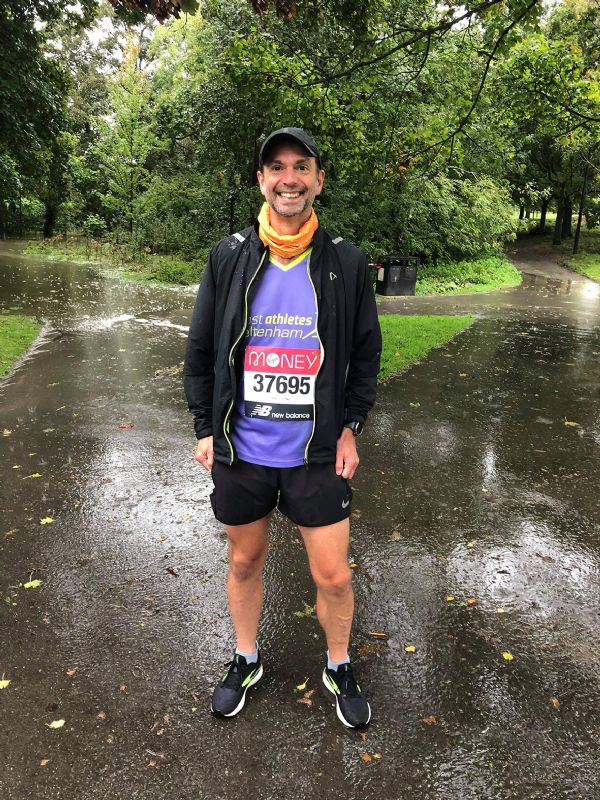 Peter Mitchener before the start of the virtual London Marathon in a flooded Pittville Park