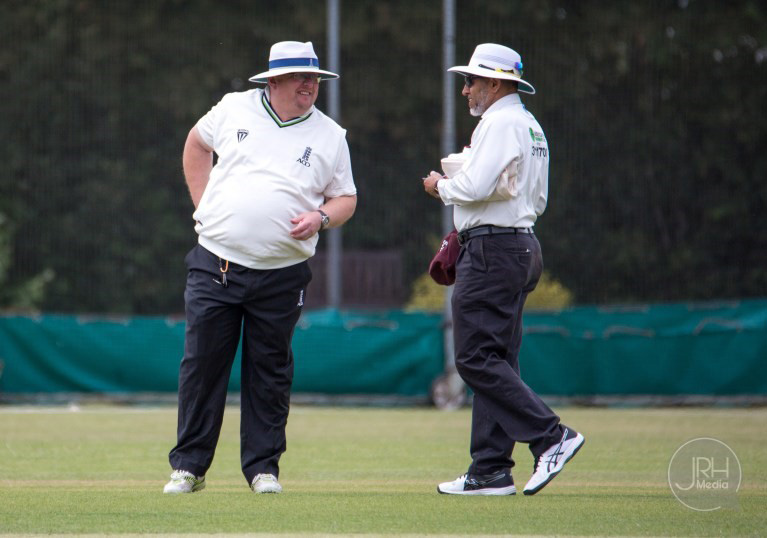 Phil Mattingley, left, umpiring at Bishopston with Mo Fadra in a Premier Two Bristol  game in the West of England Premier League. Picture: JRH Media
