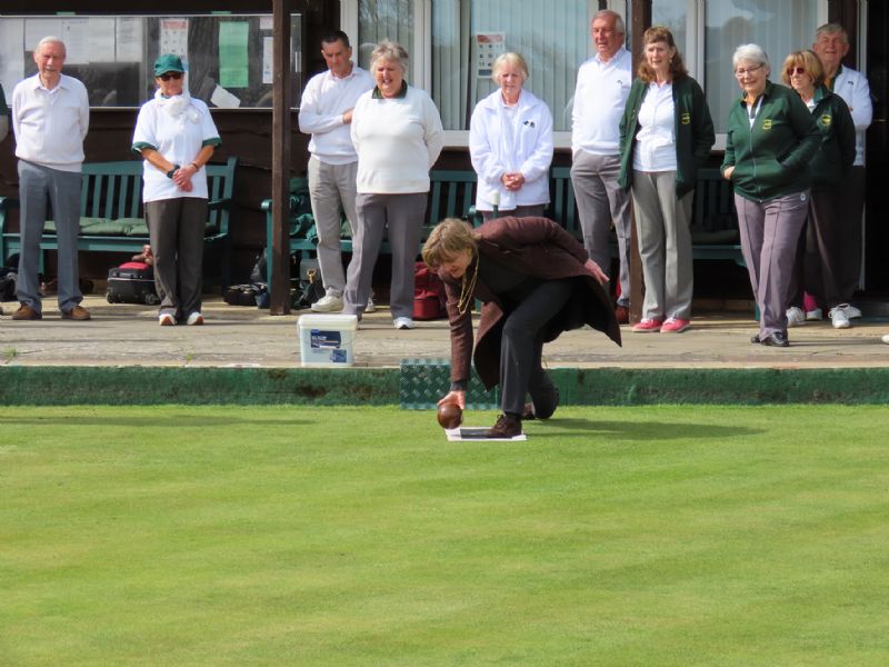 Penelope Bossom, president of Overbury Bowling Club, bowled the first wood of the season at the club