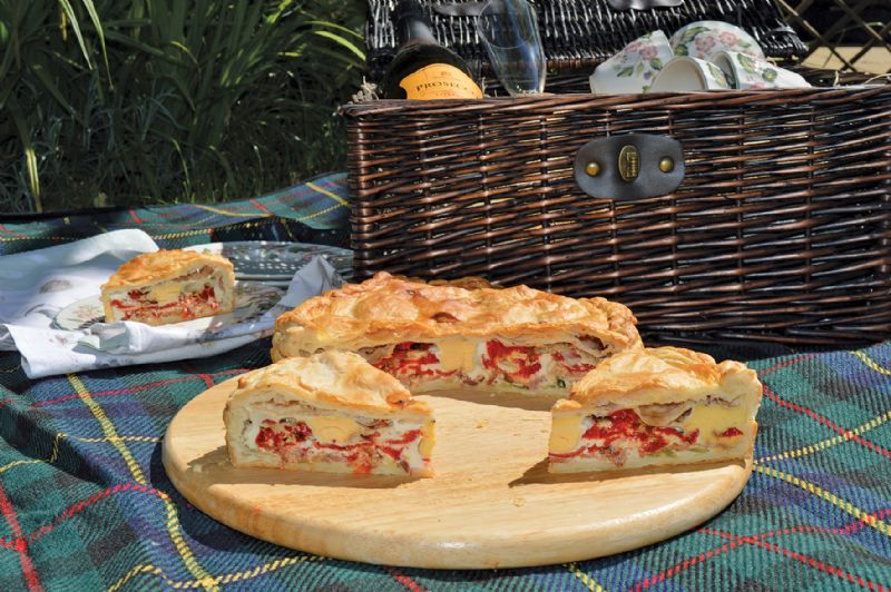 Picnic pie bacon egg peppers summer recipe