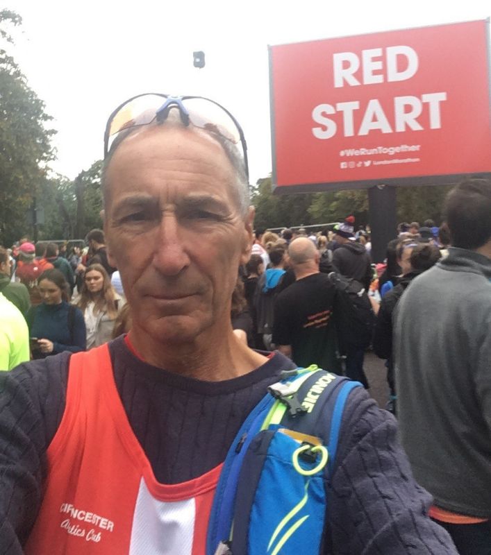 Nick Wall, pictured before the start of the London Marathon in 2021, is hoping to go under four hours in this year’s race