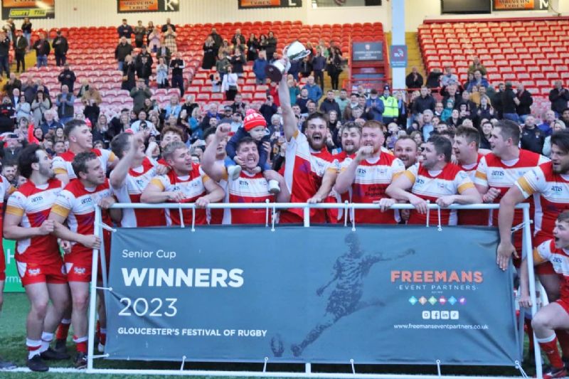 Longlevens celebrate their North Gloucestershire Senior Cup final win at Kingsholm