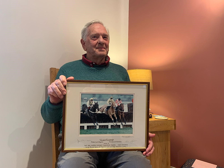 A framed photo belonging to Stuart Hepburn, who lives in the Cotswolds, shows just how exciting the 1994 Queen Mother Champion Chase was with Viking Flagship, right, holding off Travado, left, and Deep Sensation. The picture is signed by David Nicholson and Adrian Maguire